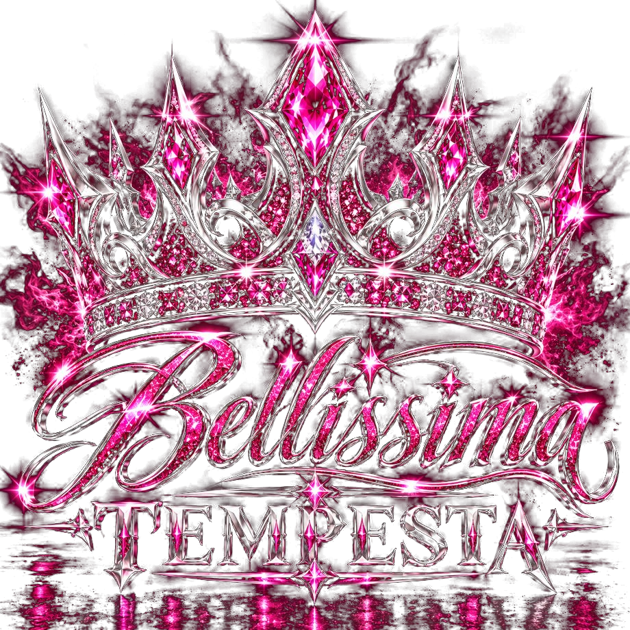 Bellissima Tempesta original pink glitter crown and silver-pink artist logo